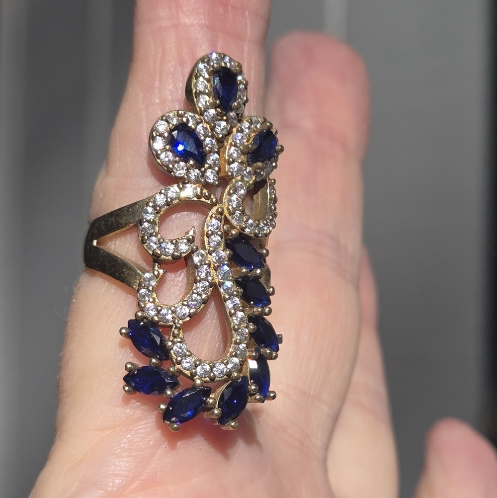 Sapphire & Topaz Sterling Gold & Bronze Cocktail Ring Sz7.75 - Picture 3 of 9